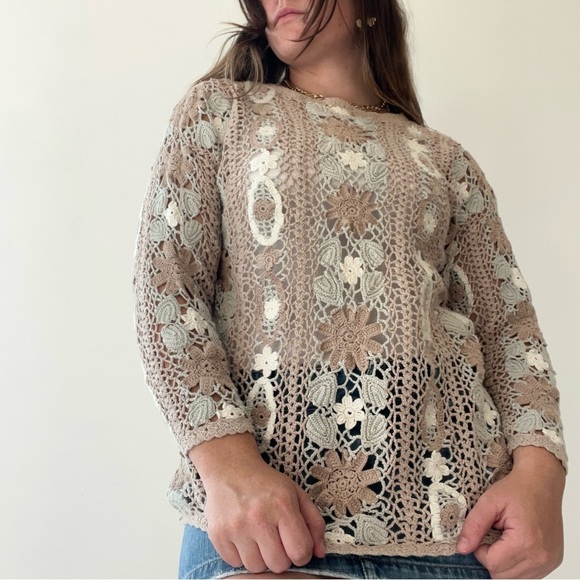 Vintage 90s Hand Knit Shenanigans Knit Crochet 3/4 Length Sleeve Sweater Size M - Picture 1 of 3